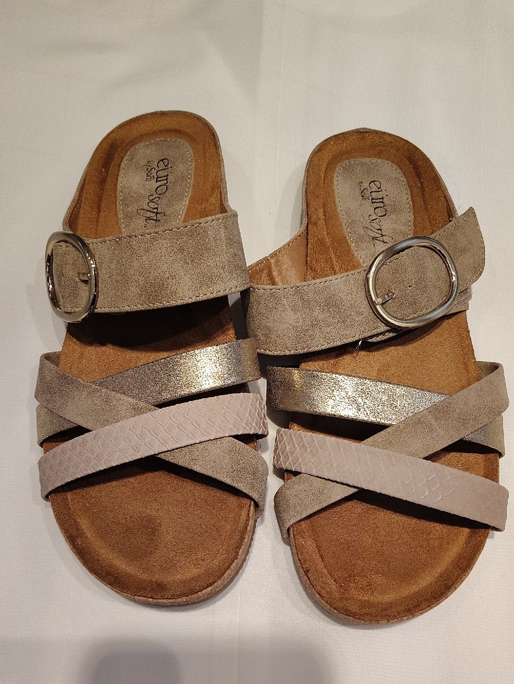 EuroSoft Taupe & Metallic Strappy Slide Sandals